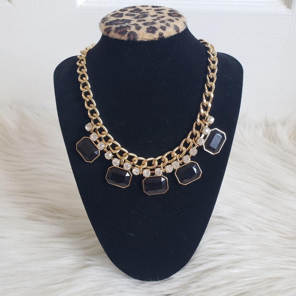 Black Onyx & Faux Diamond Gold Chain Necklace